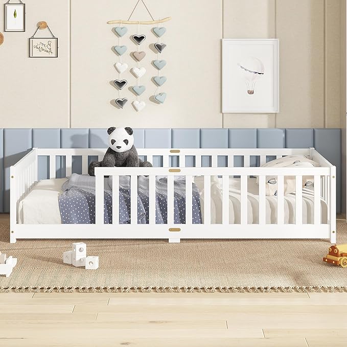 Bellemave Twin Floor Bed with Slats and Safety Guardrails, Kids Montessori Floor Beds with Fence and Without Door, Easy Assemble Floor Bed for Kids, Girls, Boys, White