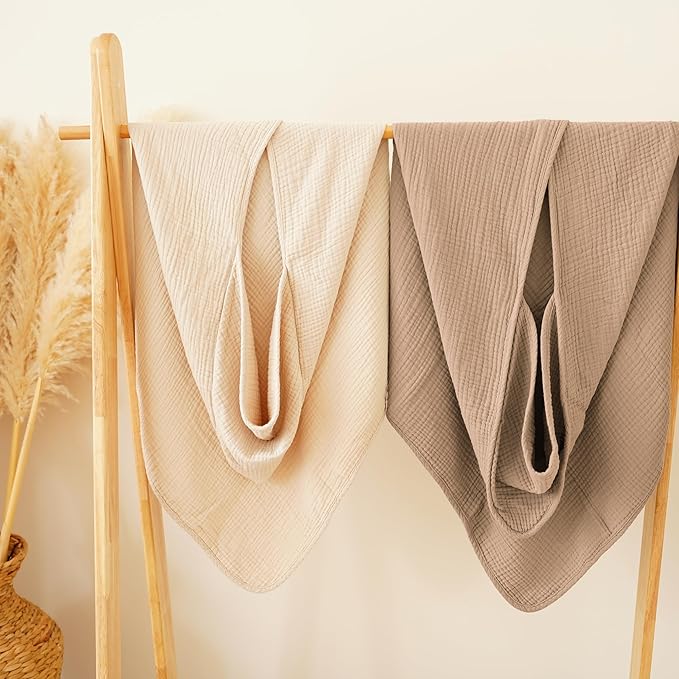 Konssy 2-Pack Muslin Hooded Baby Towels, 100% Cotton, Ultra-Soft & Absorbent Baby Bath Towels with Hood for Newborn & Infant (Cream, Camel,32" x 32")