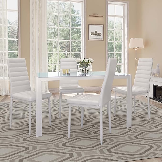 Gizoon 5 Piece Glass Dining Table Set, Kitchen and Chairs for 4, PU Leather Modern Room Sets for Home, Kitchen, Living Room