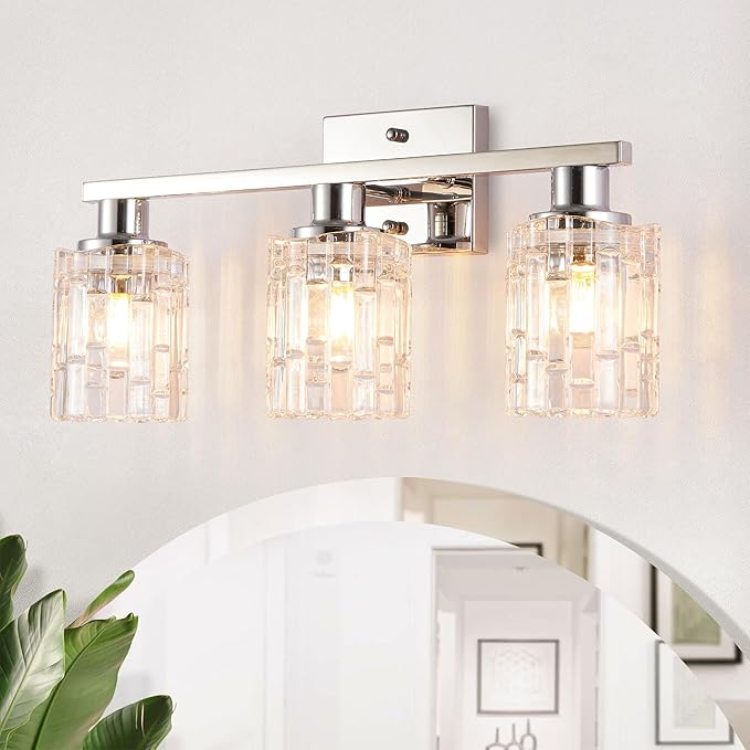 3 Light Silver Chrome Bathroom Vanity Light Over Mirror, Modern Vanity Lighting with Crystal Glass Shade, Wall Mount Bathroom Light Fixtures, E26 Base