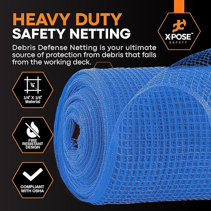 Xpose Safety Construction Safety Debris Netting - 150 Ft Temporary Material Roll, 1/4" Mesh Scaffold Net Enclosure, Visibility Barrier, Fencing Roll, Heavy Duty Fire Retardant 5.5 ft x 150 ft, Blue