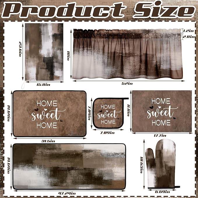 16 Pcs Abstract Art Kitchen Decor Set 4 Brown Kitchen Towels 2 Non Slip Rugs and Mats for Floor 2 Modern Oven Mitts Gloves 2 Pot Holders 4 Placemats 2 Art Abstract Curtains for Home Decoration Gift