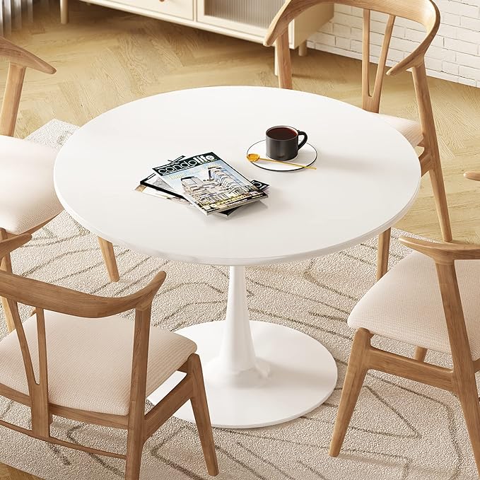 DKLGG White Round Dining Table, 31.5" Tulip Kitchen Dining Table for 2-4 People with MDF Table Top & Pedestal Base, Modern Minimalist Design