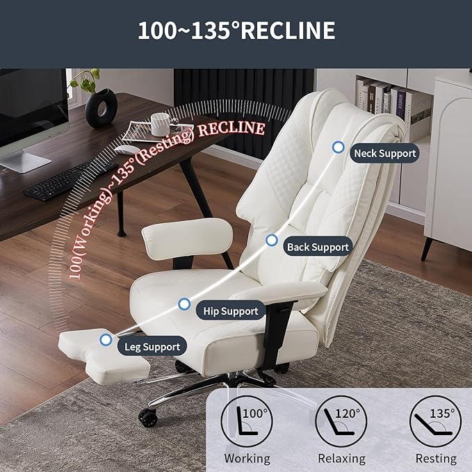 Big and Tall Office Chair 400lbs Wide Seat, Leather High Back Executive Office Chairs with Foot Rest, Ergonomic Lumbar Support for Lower Back Pain Relief (White)