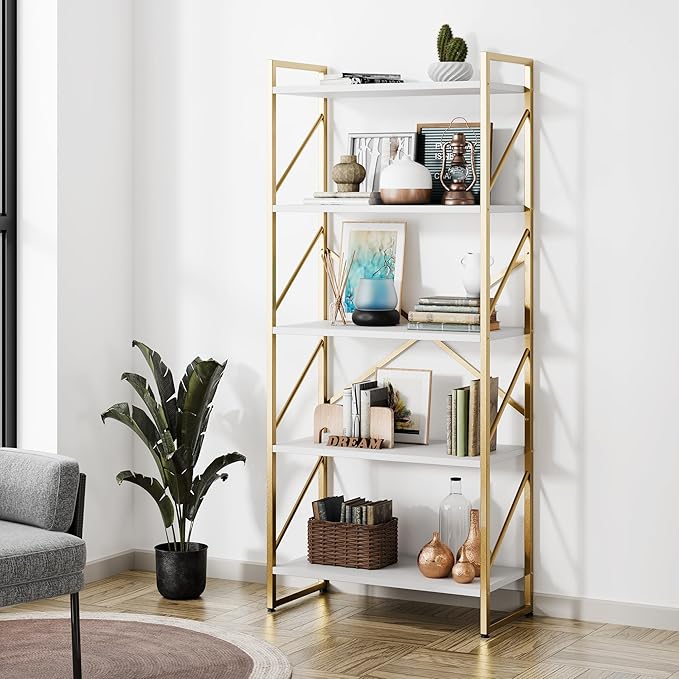 Shintenchi 5 Tiers Bookshelf, Classically Tall Bookcase Shelf,Industrial Book Rack,Modern Book Holder in Bedroom/Living Room/Home/Office, Storage Rack Shelves for Books/Movies,Gold