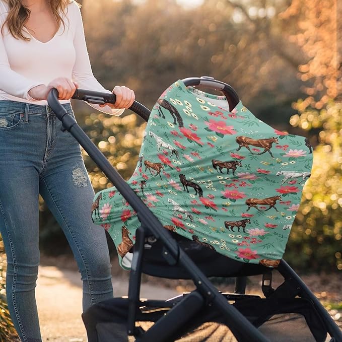 GIFTPUZZ Flower Horse Stretchy Car Seat Cover for Baby Girls, Nursing Cover Breastfeeding Cover, Soft Breathable Infant Carseat Canopy, Shopping Cart/High Chair/Stroller Covers for Mom