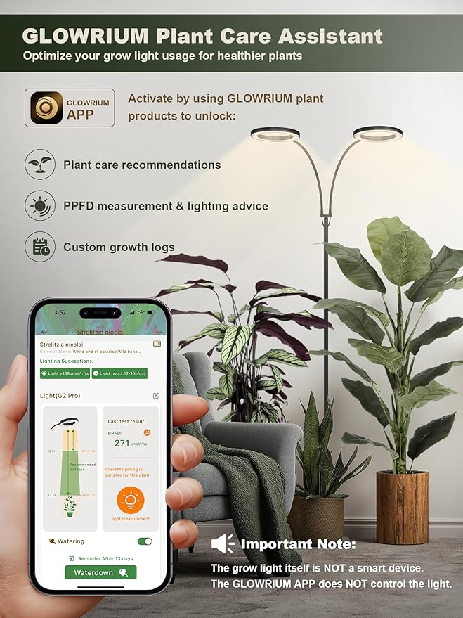 GLOWRIUM 48W LED Dual-Head Grow Light for Indoor Plants, 23.5-71" Adjustable Height, 3-Growing Full Spectrum for Tall Plant Light, 3/9/12/16H Timer, 6-Level Dimming, Ideal for Large Tall Plants