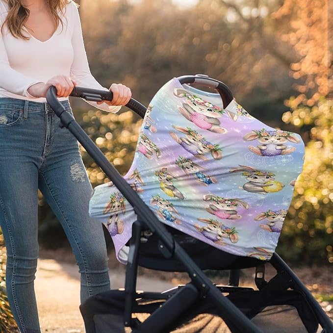 Wanyint Easter Rabbit Eggs Colorful Car Seat Covers for Babies Girls Boys, Stretchy Carseat Canopy Soft Baby Breastfeeding Cover Nursing Scarf Infant Stroller Cover