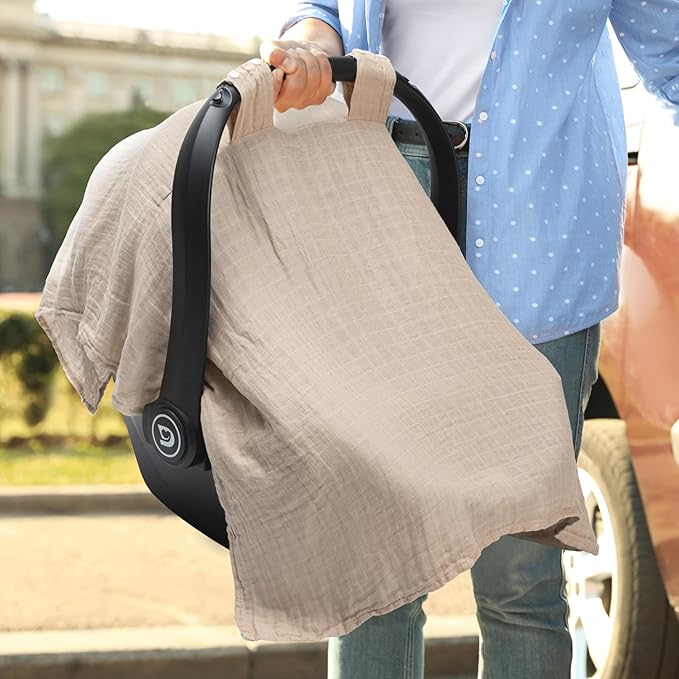 Meracorallo Muslin Baby Car Seat Cover, 2 Pack Lightweight Breathable Soft Infant Carrier Cover Carseat Canopy for Baby Boys and Girls, Rainbow & Beige