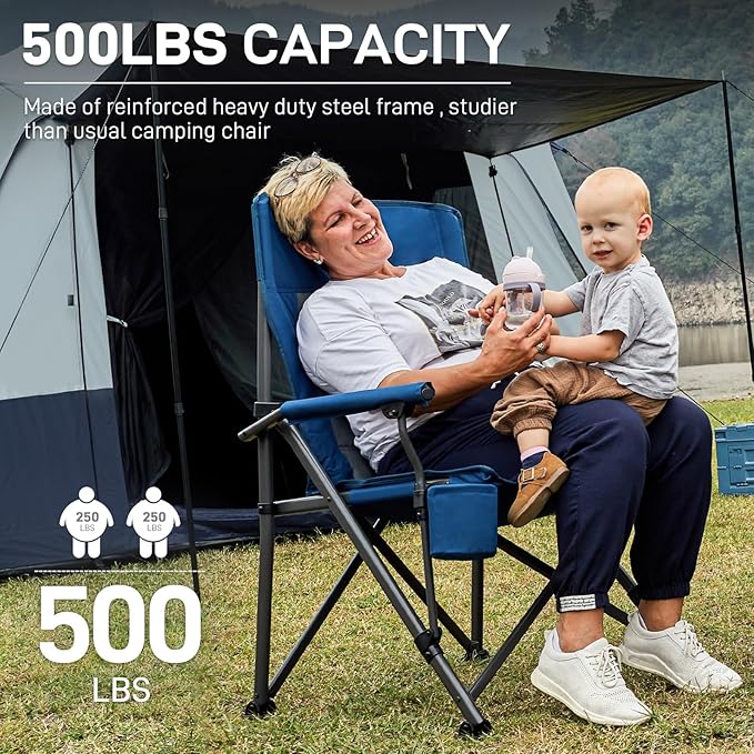 EVER ADVANCED Oversized Folding Camping Chair for Adults, Heavy Duty Lawn Chair with Side Pockets, Portable Collapsible Quad Chair for Outside, Support Up to 500lbs, Blue 2PACK