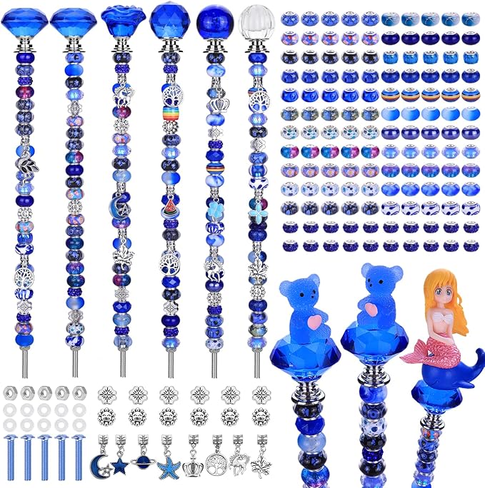 AIPRIDY 158 Pcs DIY Fairy Wand Garden Stakes Kit,Multiple Color Scheme European Beads Crystal Diamond Tops and 12 or 10 Inch Threaded Rods,Stainless Steel Stakes with Diamond Toppe(Sapphire Blue)