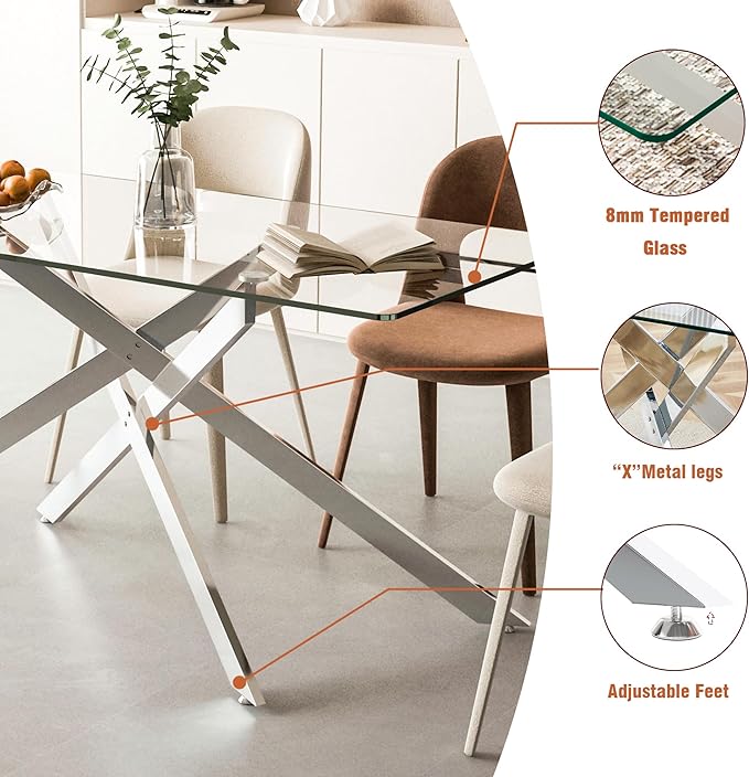 60" Rectangular Glass Dining Table Modern Kitchen Glass Top Table for 6 with Silver Metal Legs, Clear Dining Table Kitchen Table for Home Office Dining Room