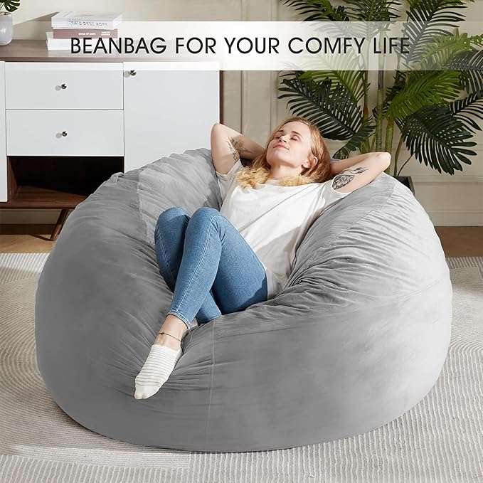 HABUTWAY Bean Bag Chair: Giant 5' Memory Foam Furniture Bean Bag Chairs for Adults with Microfiber Cover 5Ft (Light Grey)