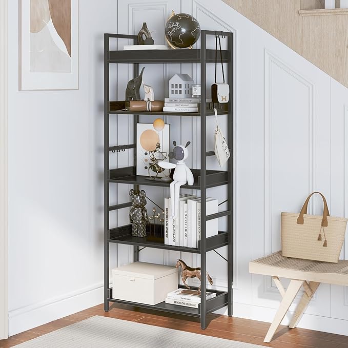 HCHQHS 5 Tier Bookshelf, Adjustable Industrial Bookcase, Vertical Tall Book Shelf, Wood and Black Metal Open Bookshelves for Home Office, Living Room, Bedroom
