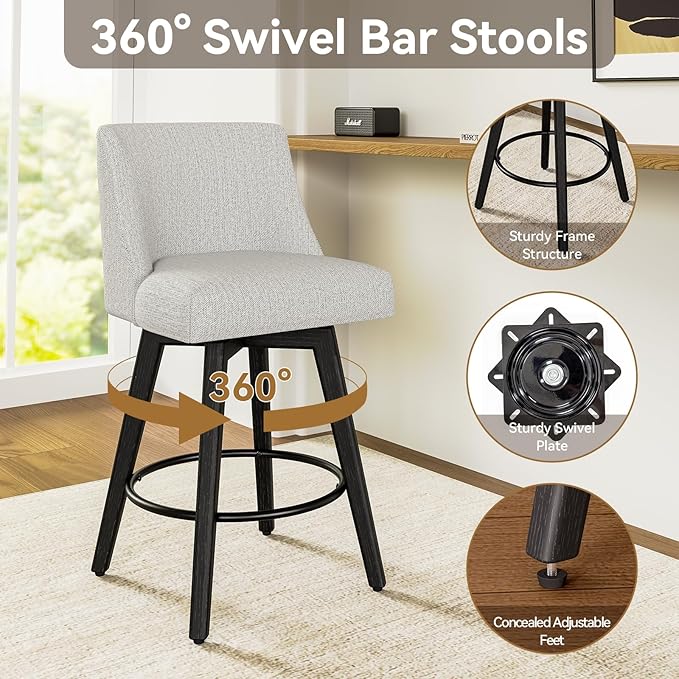 26.8 Inch Counter Height Bar Stools with Back, Swivel Bar Stools Set of 2, Modern Kitchen Barstools with Footrest, Linen Upholstered Bar Chairs, Solid Wood Legs for Island, Pub, Light Grey