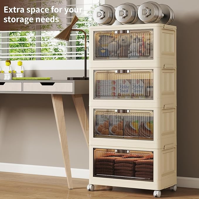 4 Tier - 34QT Storage Bins with Lids, Collapsible Storage Bins with Doors and Wheels, Plastic Storage Cabinet for Easy Storage and Organization for Living Room, Office