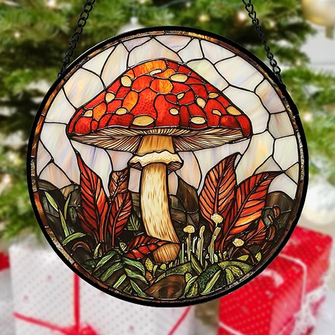 Stained Glass Window Hanging, Big Red Mushroom Suncatcher for Doors Home Sun Catchers Decoration and Christmas, Mother's Day Birthday Gifts for Women, Men, and Mom 14.9x14.9 in