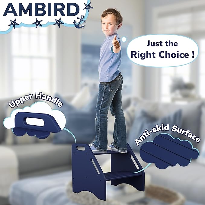 AMBIRD Wooden Step Stool, Two Step Stools Toddler 300 lbs Capacity with Safety Non-Slip Pads and Handles, Bamboo Step Stool for Bathroom, Kitchen Dual Height Step Stools for Kids (Navy Blue)