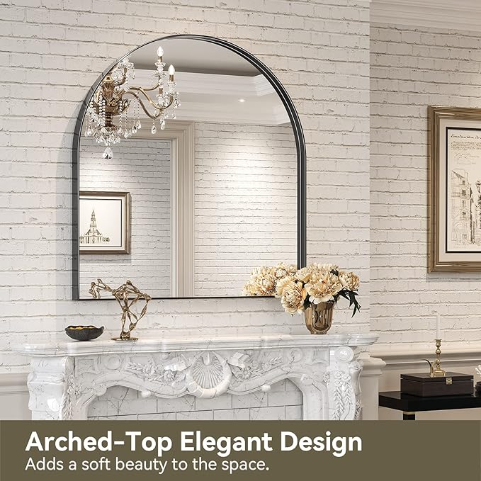 Brightify Arched Mirror, 31 x 33 Inch Black Arch Mirror, Metal Frame Black Arched Wall Mirror, Arched Top Bathroom Vanity Mirror for Living Room Bedroom Mantel Entryway Hallways
