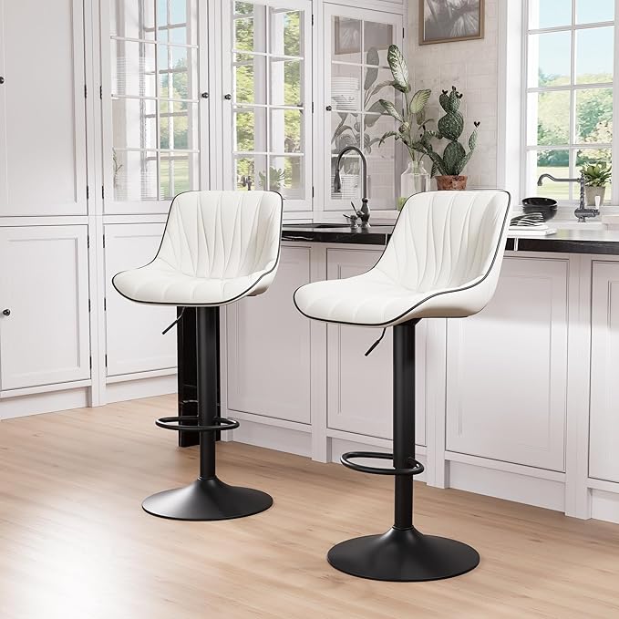 YOUNIKE Bar Stools Set of 2 for Kitchen Island, White Faux Leather Padded Bar Stools, Adjustable Barstools with Back, Modern Tall Bar Stools with 300LBS Support, Counter Height Swivel Bar Chairs