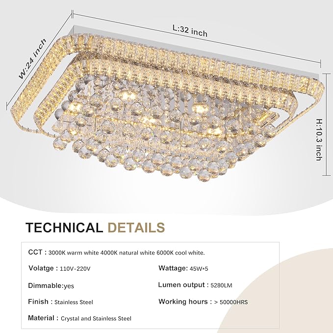 COCOSTAR 32 inch Crystal Flush Mount Chandelier Remote/APP, Modern Raindrop LED Ceiling Light, 3CCT Dimmable & Brightness Adjustable,Elegant Chandeliers for Bedroom Hallway Dinning Room Living Room
