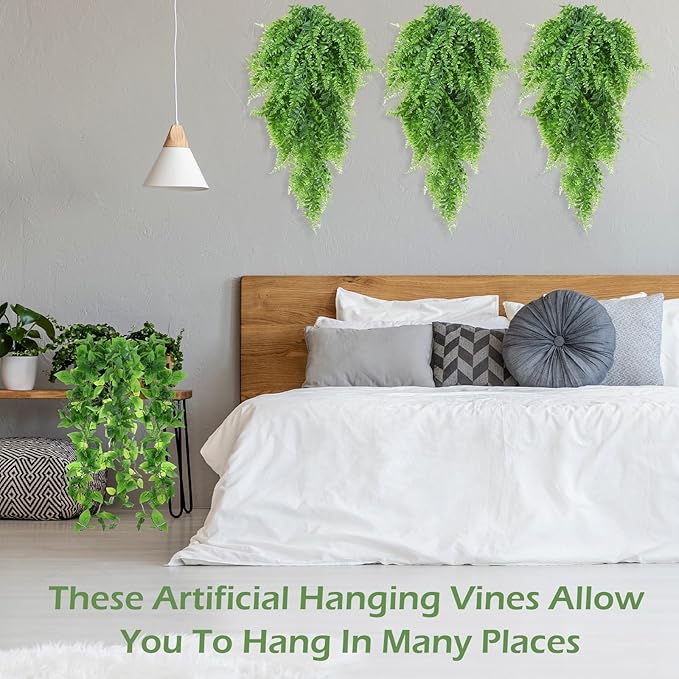 Hoteam 18 Pcs Artificial Hanging Plants 32 Inch Fake Ivy Vines with Fake Leaves Patio Artificial Plants Greenery for Living Room Indoor Outdoor Wall, No Basket (Pothos,Persian Grass)