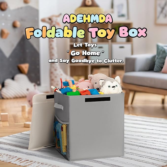 40L Large Toy Storage Box with Lid, Large Toy Box Chest for Kids, Girls and Boys, Nursery Room and Living Room, 13"x13" x16" - Grey