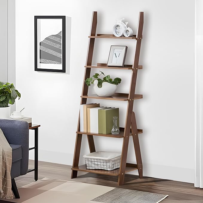 DOUSY-5-Tier Ladder Shelf Bookcase, Bamboo Ladder Bookshelf Leaning Book Shelf, Freestanding Storage Shelf Boho for Living Room, Home Office, Bedroom, Balcony, Walnut