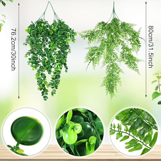 Hoteam 12 Pcs Artificial Hanging Plants 32 Inch Fake Ivy Vines with Fake Leaves Patio Artificial Plants Greenery for Living Room Indoor Outdoor Wall, No Basket (Eucalyptus,Persian Grass)