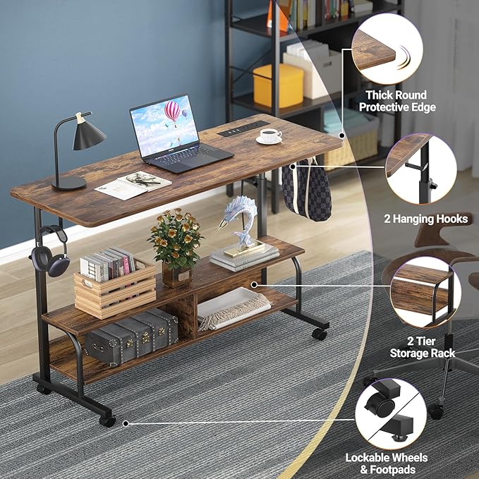 Armocity Height Adjustable Standing Desk with Power Outlets, 47" Manual Stand Up Desk with Storage Shelves Small Mobile Rolling Computer Desk Portable Laptop Table with Wheels for Home Office, Rustic