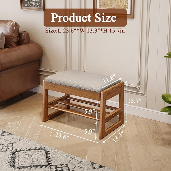 Shoe Rack Bench with Cotton-Linen Cushion 2-Tier Wooden Storage Bench 550lbs Compact Simple & Modern Design for Entryway, Hallway, Bedroom, Living Room, Closet, Front Door Entrance, Foyer