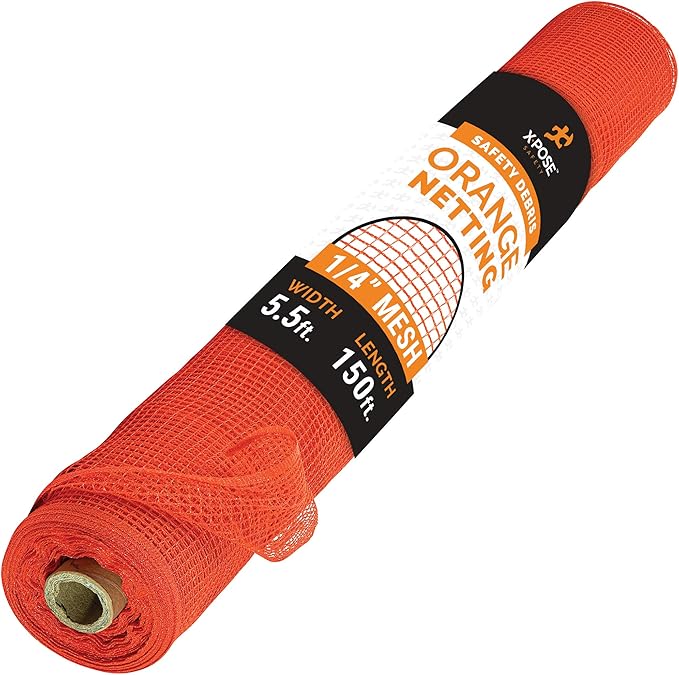 Xpose Safety Construction Safety Debris Netting - 150 Ft Temporary Material Roll, 1/4" Mesh Scaffold Net Enclosure, Visibility Barrier, Fencing Roll, Heavy Duty Fire Retardant 5.5 ft x 150 ft, Orange
