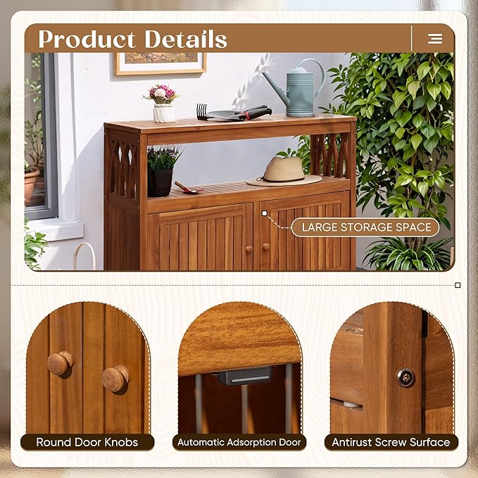 Flamaker Outdoor Storage Cabinet Weatherproof Acacia Wood Outdoor Cabinet with 2 Magnetic Doors Used for Outdoor Storage, Buffet Cabinet, TV Stand, Bar Table, Potting Table (Brown)