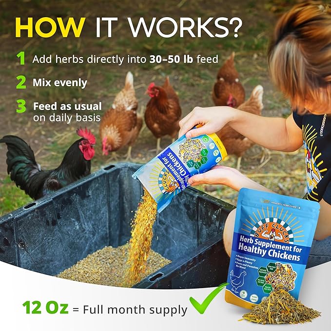 Herb Supplement for Backyard Chickens - Natural Chicken Treats, Poultry Feed Botanical Mix, Plant-Based Coop Snacks for Daily Wellness, Feather Quality, Egg Production, USA (12 oz)