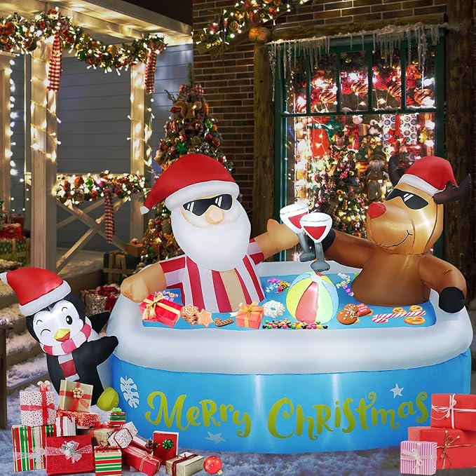 7FT Christmas Inflatable Outdoor Decoration, Christmas Inflatables Santa Claus Cheers Pool Party with Built-in 8 LED Lights & Air Blower for Xmas Blow Up Yard Decorations Outdoor Indoor