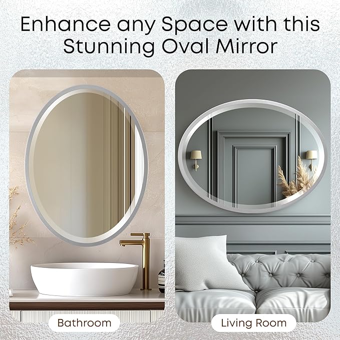 OVALCREST - Oval Wooden Beveled Wall Mirror for Home Decor, Bathroom, Vanity, Bedroom, Living Room, Hallway - London Style (Silver Spray) 21.1 x 25.1