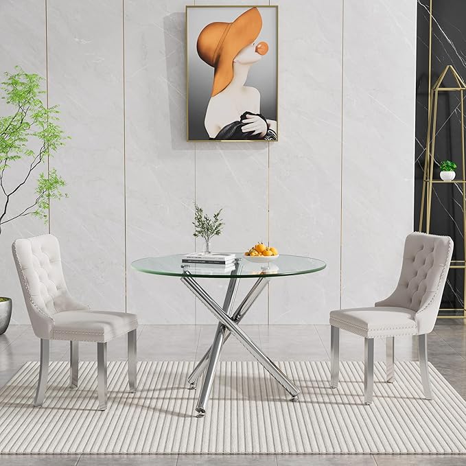 36" Round Glass Dining Room Table for 4 with Tempered Glass Top and Silver Chrome Metal Tube Legs, Modern Clear Kitchen and Dinner Table for Home Office Dining Room