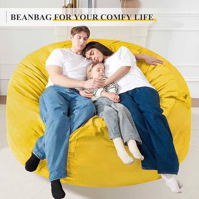 Homguava 6 FT Bean Bag Chair: 6' Bean Bags with Memory Foam Filled, Large Beanbag Chairs Soft Sofa with Dutch Velvet Cover-Mustard