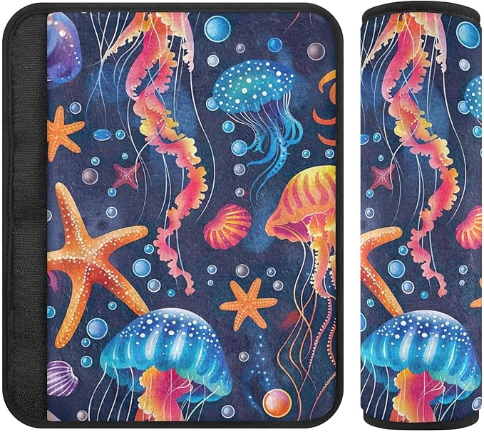 CHIFIGNO Colorful Jellyfish and Starfish Seat Belt Cover Universal Seatbelt Pads Pack of 2 Car Seat Shoulder Protector Protect Your Neck and Shoulder
