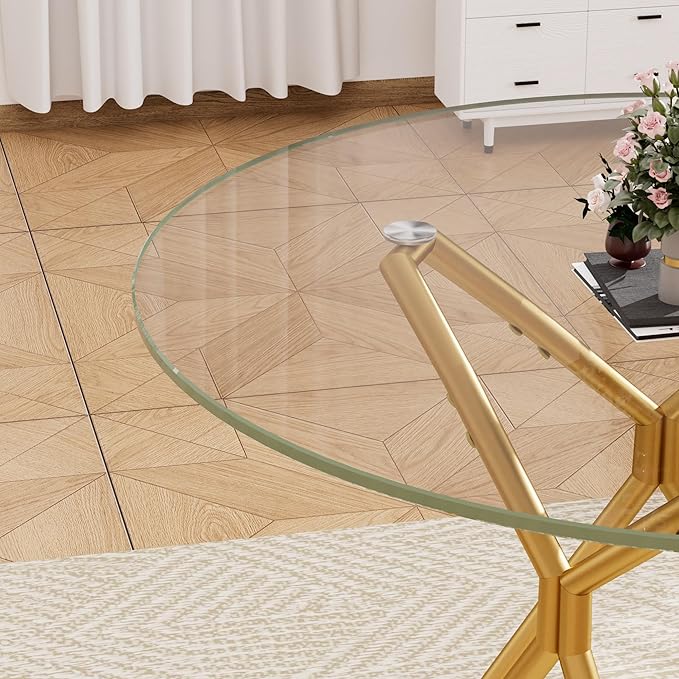 35.4" Round Dining Table for 4, Modern Clear Glass Kitchen Table for 4 with Gold Metal Legs, Compact Small Circle Dining Room Leisure Tables for Kitchen Apartment