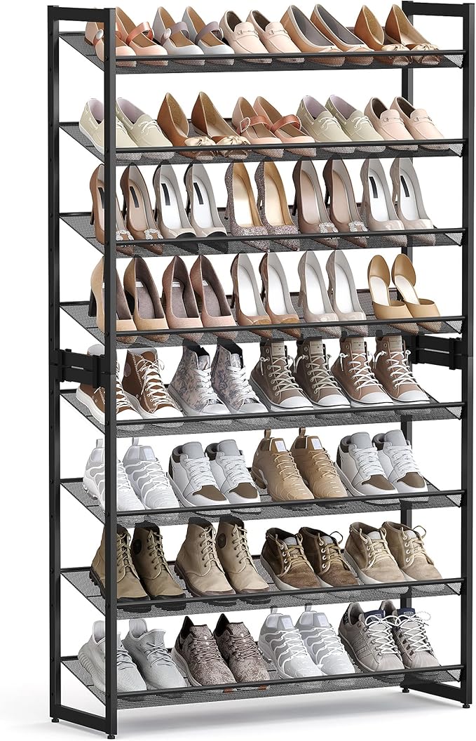 SONGMICS Shoe Rack, 8-Tier Shoe Organizer, Metal Rack for Garage, Set of 2, 4-Tier Stackable Shelf, with Adjustable Flat or Angled Shelves, 32-40 Pairs, Ink Black ULMR08B