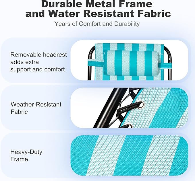 Nazhura Set of 2 Relaxing Recliners Patio Chairs Adjustable Steel Mesh Zero Gravity Lounge Chair Beach Chairs with Pillow and Cup Holder (Light Blue Stripe)