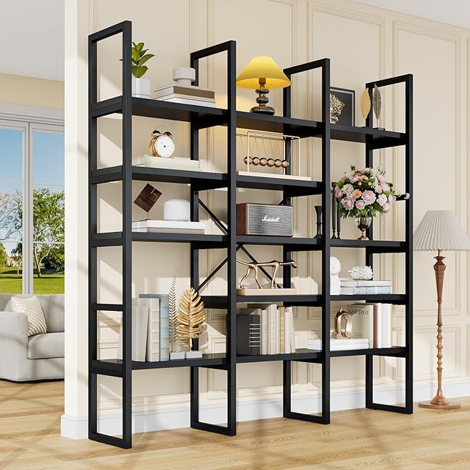 Semoic Large Bookshelf 5 Tiers, Triple Wide Geometric Bookcase, 71 Inches Tall Industrial Book Shelves Etagere Book Case, Sturdy Metal Frame, Freestanding Display Shelving Unit (Black)