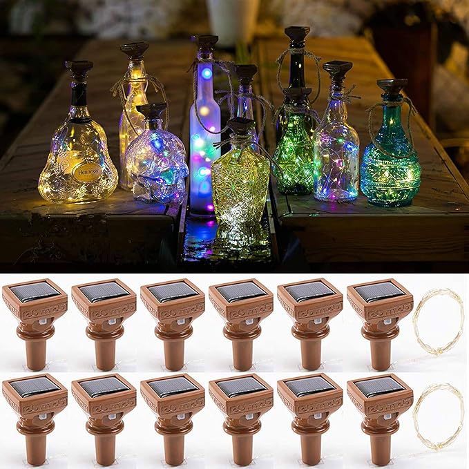 YJFWAL Upgraded 12 Pack Solar Wine Bottle Lights, 20 LEDs Waterproof Copper Light, Bottle Light Fairy Cork String Lights for Yard Patio Decor, DIY Birthday Gift for Mom Grandma Girlfriend(Multicolor)
