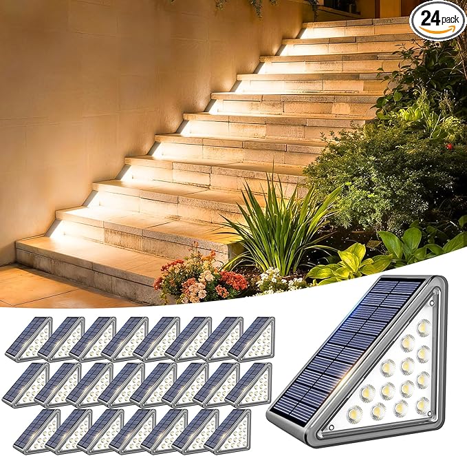 Solar Step Lights Outdoor Waterproof IP65,Warm White Solar Stair Lights, Outdoor Light Decor for Stair, Deck, Step, Porch and Outside Patio, 24 Pack