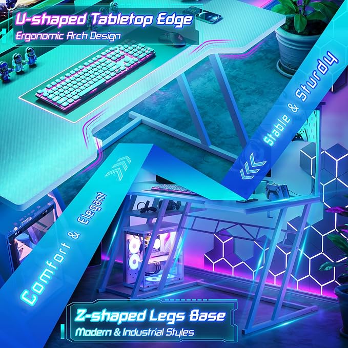 Armocity 53'' White Gaming Desk with Hutch and LED Lights, Gaming Computer Desk with Storage Shelves & Z-Shaped Legs, Reversible PC Game Desk with Pegboard for Bedroom, Carbon Fiber Surface