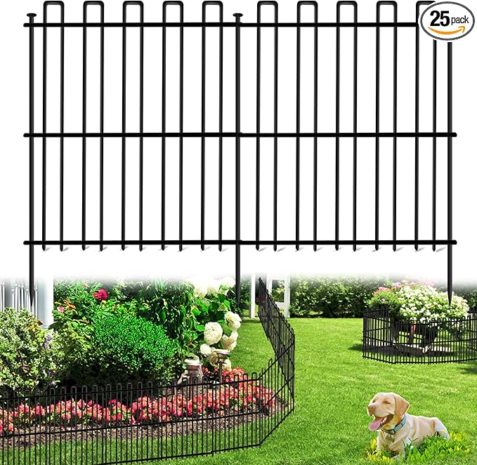 25 Panels No Dig Animal Barrier Fence, 32in(H) x 49ft(L) Garden Edging Border Fencing, Rustproof Metal Stakes Decorative Garden Fence, Dog Digging Defense Fencing Barrier for Outdoor, Yard, Patio