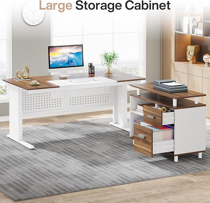 Tribesigns 63 Inch Executive Desk with File Cabinet, L Shaped Office Desk with Drawers and Storage Shelves, Business Furniture Set Workstation for Home Office, White and Walnut