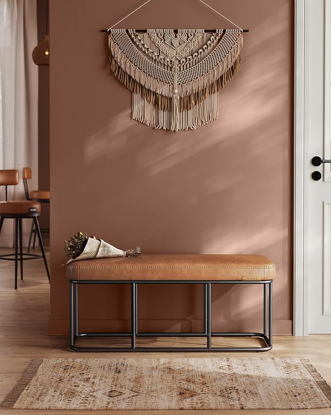 VASAGLE EKHO Collection - Storage Bench for Entryway, Ottoman Bench with Steel Frame, 43.3-Inch Wide, Synthetic Leather, Living Dining Room, Mid-Century Modern, Loads 660 lb, Caramel Brown ULOM085K01