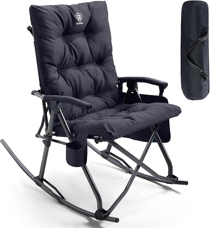 EVER ADVANCED Oversized Folding Rocking Camping Chair, Padded Portable Rocker Chairs for Patio, Lawn and Outdoors, Heavy Duty Hard Armchair for Adults Supports 400lbs, Black
